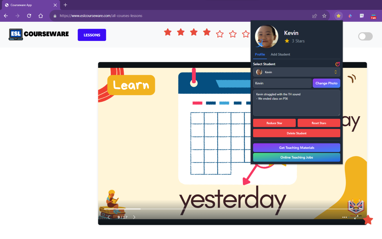 Full browser view with Student Stars student popup open during a lesson